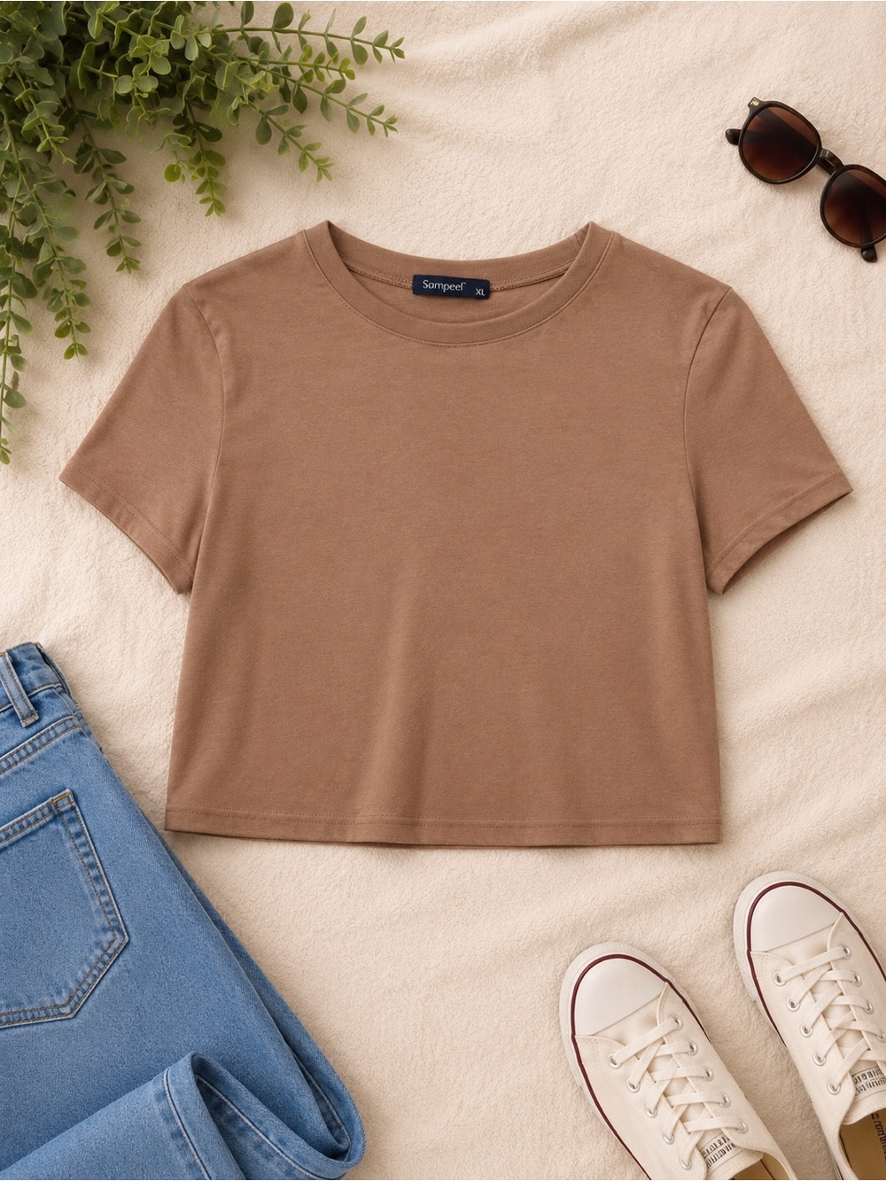 Sampeel Taupe Cropped Tee | Size XL